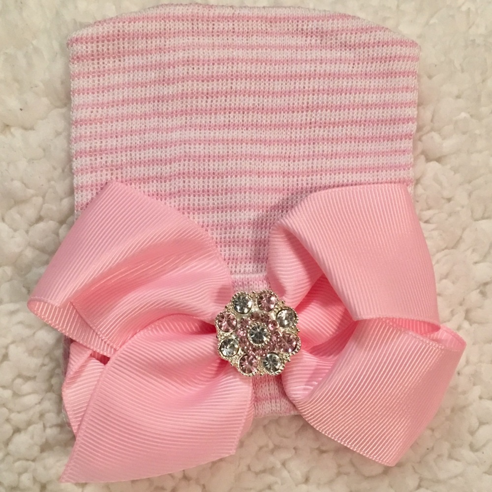 .Newborn Girl Hospital Beanie Pink Big Bow & Gems.